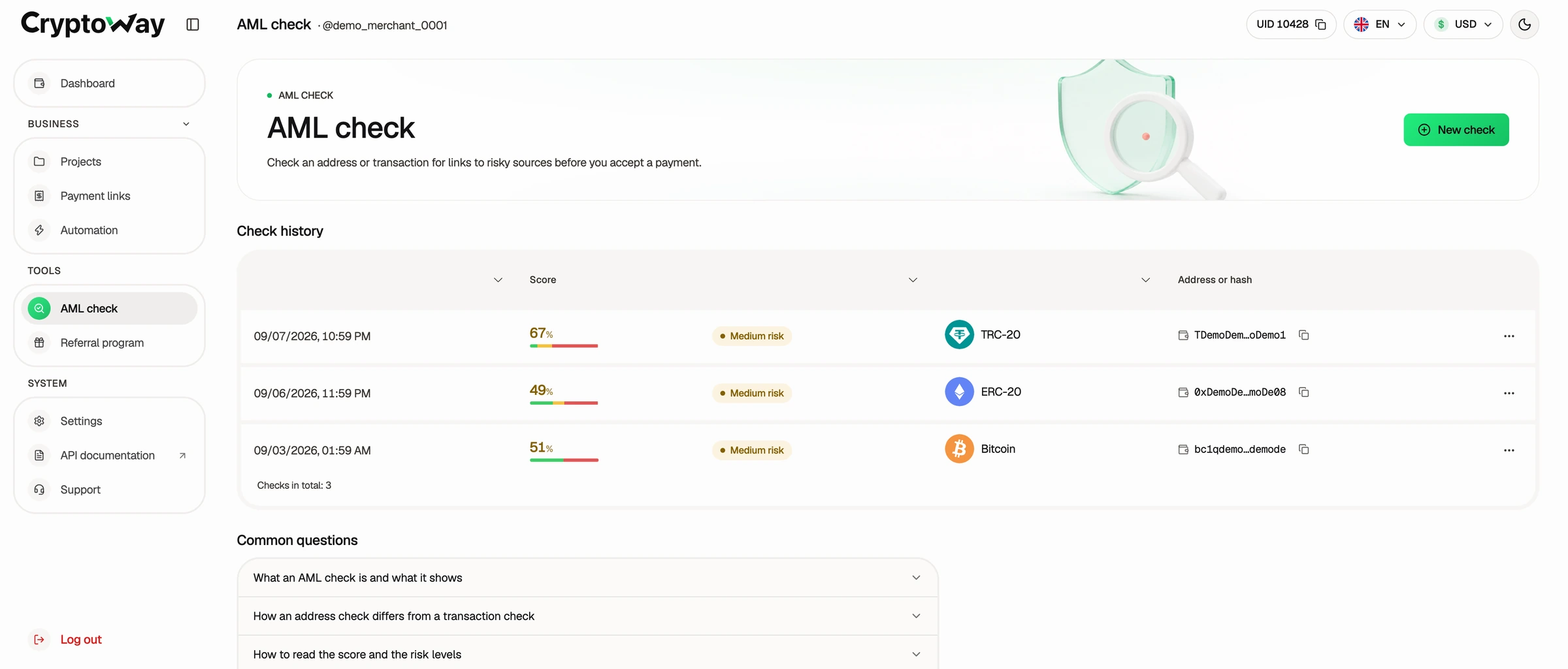 Экран AML-проверки Cryptoway со скорами риска и историей