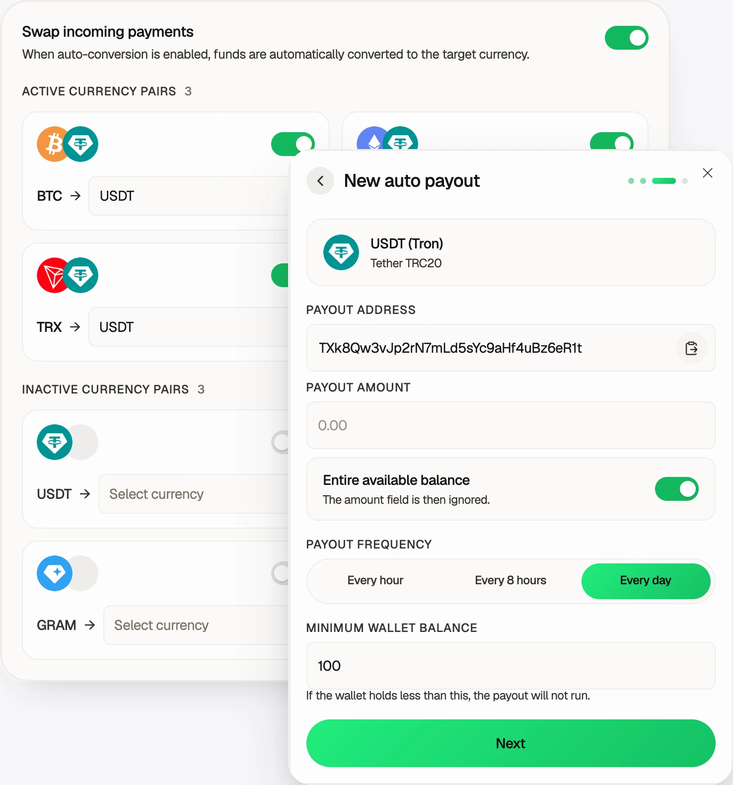 Окна автоконвертации и автовывода в кабинете Cryptoway