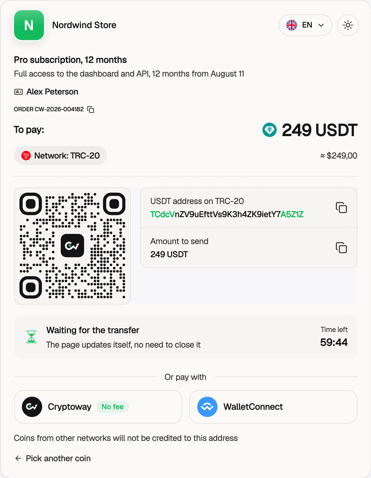 Страница оплаты Cryptoway с суммой, QR-кодом и адресом кошелька