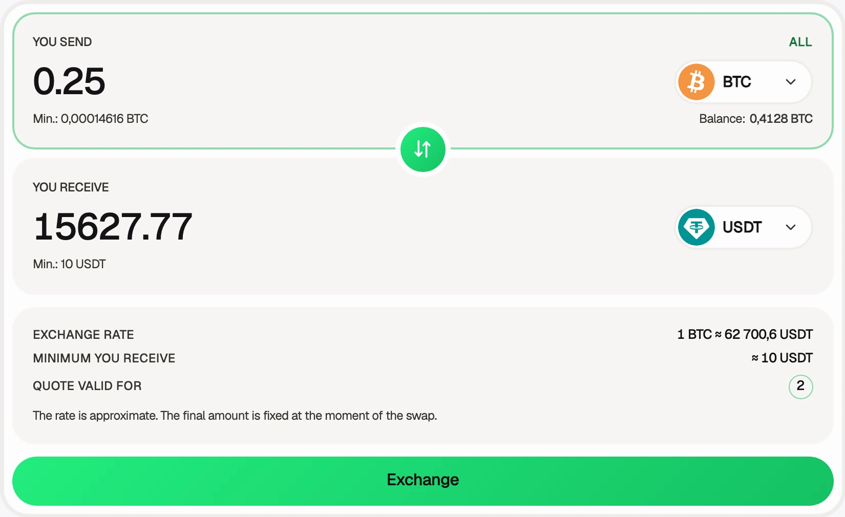 Форма обмена Cryptoway, 0,25 BTC на USDT